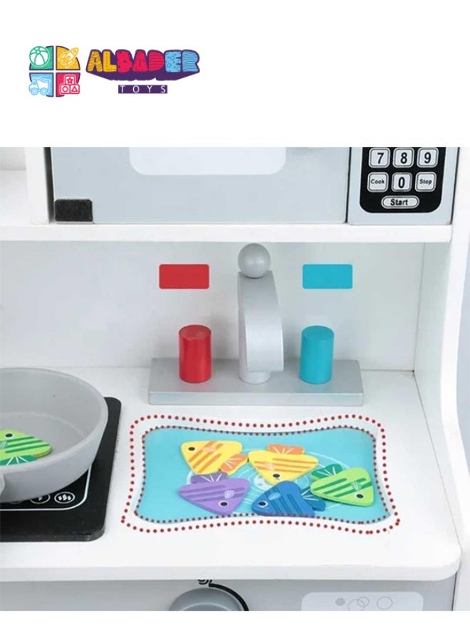 البدر لعبة مجموعة مطبخ خشبية من البدر، مطبخ للاطفال مع فرن، مجموعة العاب مطبخ للاطفال مع حوض لعب وطهي الطعام، لعبة مطبخ مع العديد من ملحقات الطعام، للاطفال من سن 3-10 سنوات (ابيض، 62 × 21.5 × 69) - Image 5